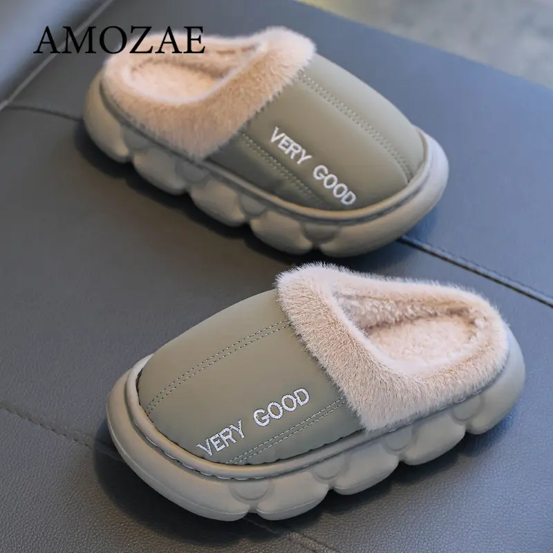 New Children's PU Leather Plush Slippers Soft Sole Non-slip Winter Warm Baby Boys Girls Indoor Home Cotton Shoes