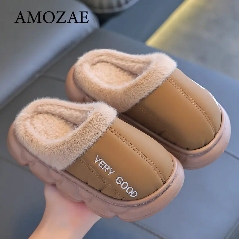 New Children's PU Leather Plush Slippers Soft Sole Non-slip Winter Warm Baby Boys Girls Indoor Home Cotton Shoes