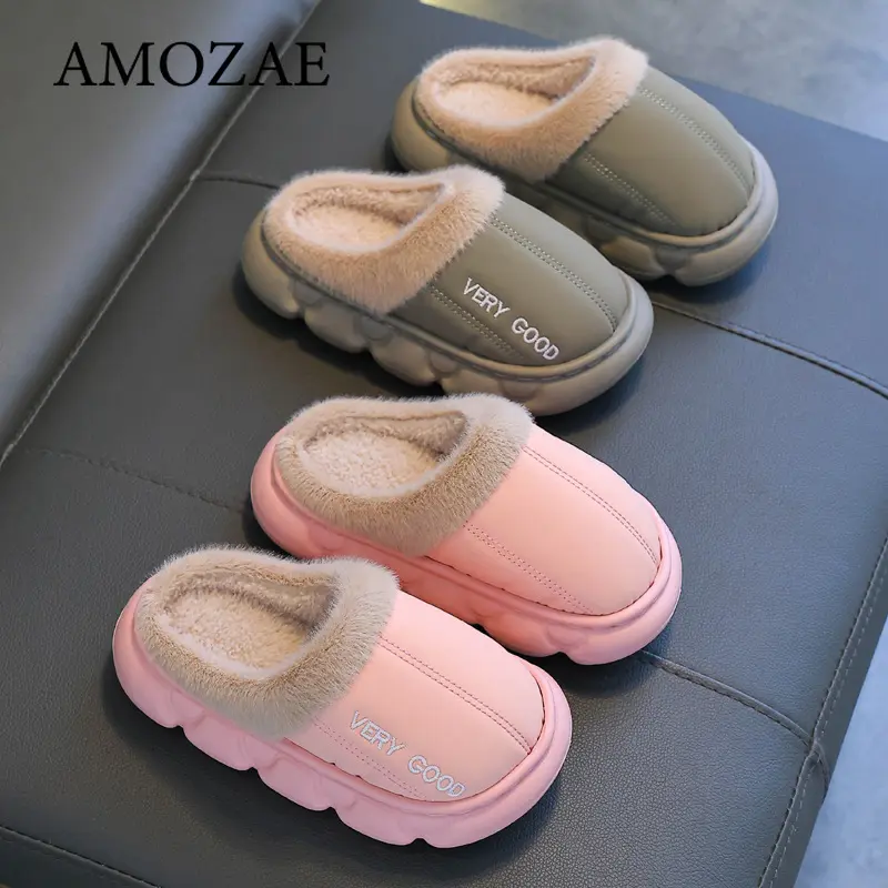 New Children's PU Leather Plush Slippers Soft Sole Non-slip Winter Warm Baby Boys Girls Indoor Home Cotton Shoes