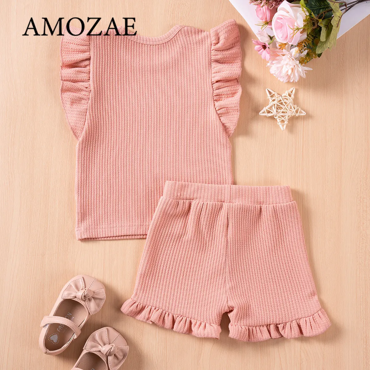 Children Girls Suit 1-6Y Summer 2Pcs Set Baby Flutter Sleeve Top Shorts Solid Color Soft Comfortable Casual Daily Holiday Outfit