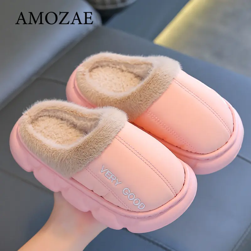 New Children's PU Leather Plush Slippers Soft Sole Non-slip Winter Warm Baby Boys Girls Indoor Home Cotton Shoes