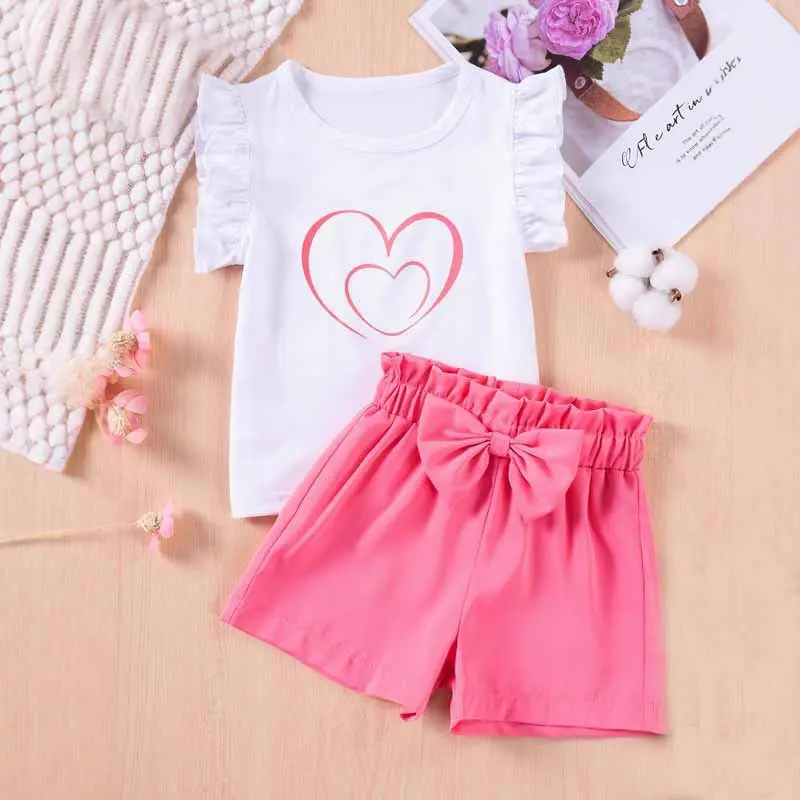 2Piece Baby Girls Summer Outfit Set Solid Color Bow Top and Printed Heart Shorts Toddler Clothing Sweet Casual Ensemble for Kids