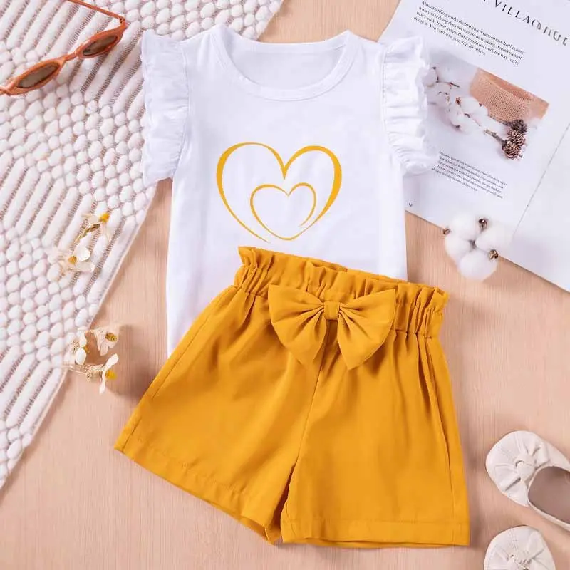 2Piece Baby Girls Summer Outfit Set Solid Color Bow Top and Printed Heart Shorts Toddler Clothing Sweet Casual Ensemble for Kids
