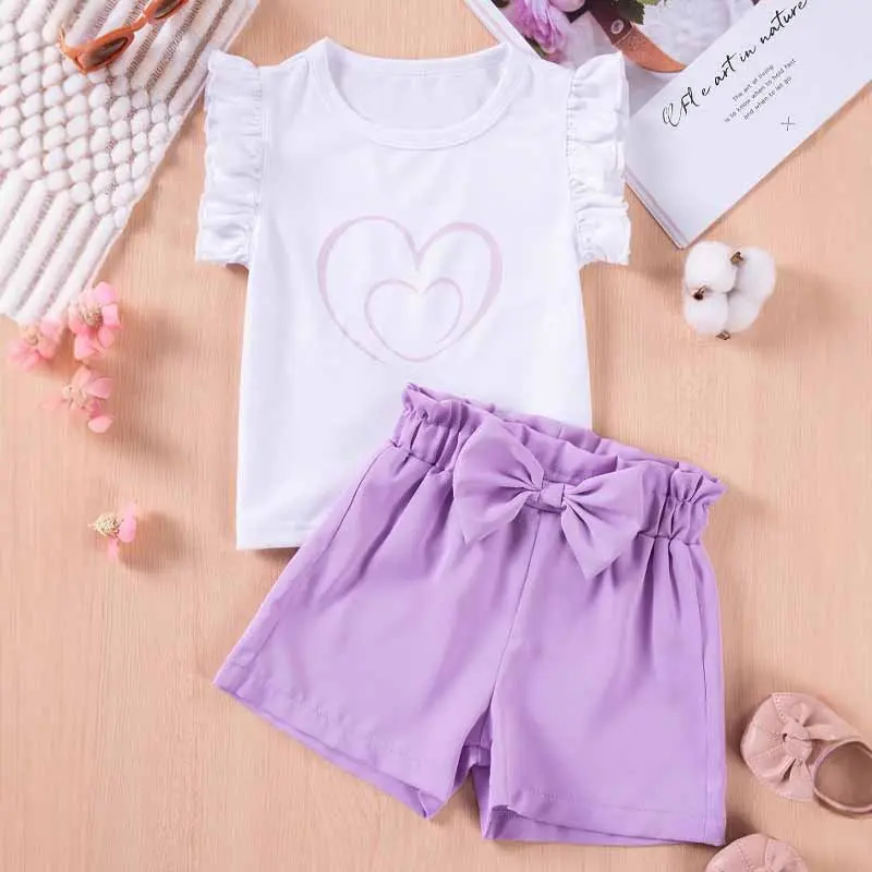 2Piece Baby Girls Summer Outfit Set Solid Color Bow Top and Printed Heart Shorts Toddler Clothing Sweet Casual Ensemble for Kids