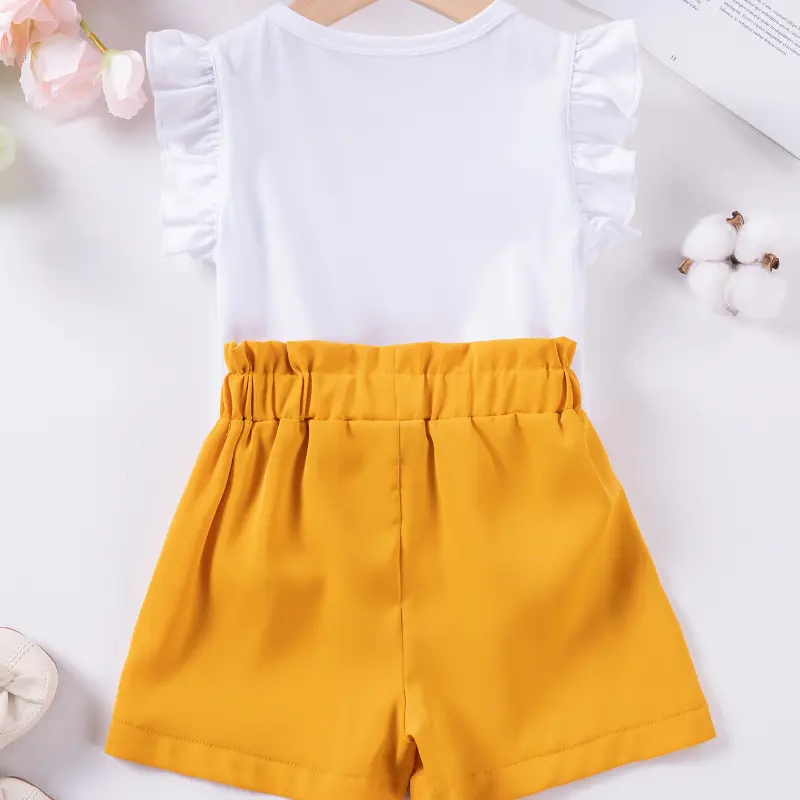 2Piece Baby Girls Summer Outfit Set Solid Color Bow Top and Printed Heart Shorts Toddler Clothing Sweet Casual Ensemble for Kids