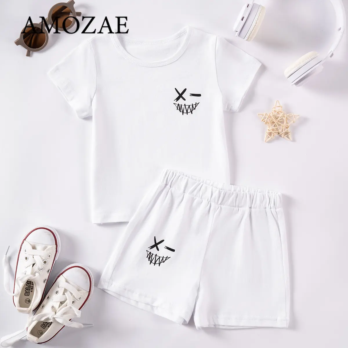 Summer Toddler Outfit 0-6Y 2 Piece Set Boys Girls Cartoon Smiley Print Short Sleeve Tshirt Cotton Shorts Casual Wear Suit