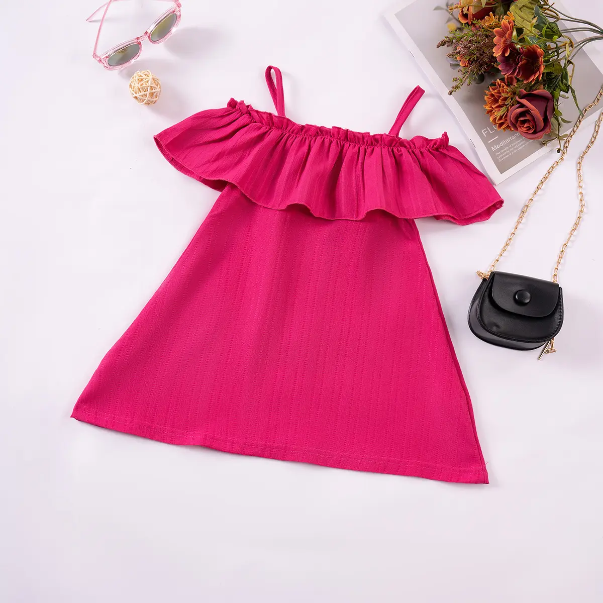 2025 Summer Girls Dress Suspender Skirt Halter Ruffle Edge Solid Color Vest Skirt Baby Girls Boat Neck A-line Princess Dress
