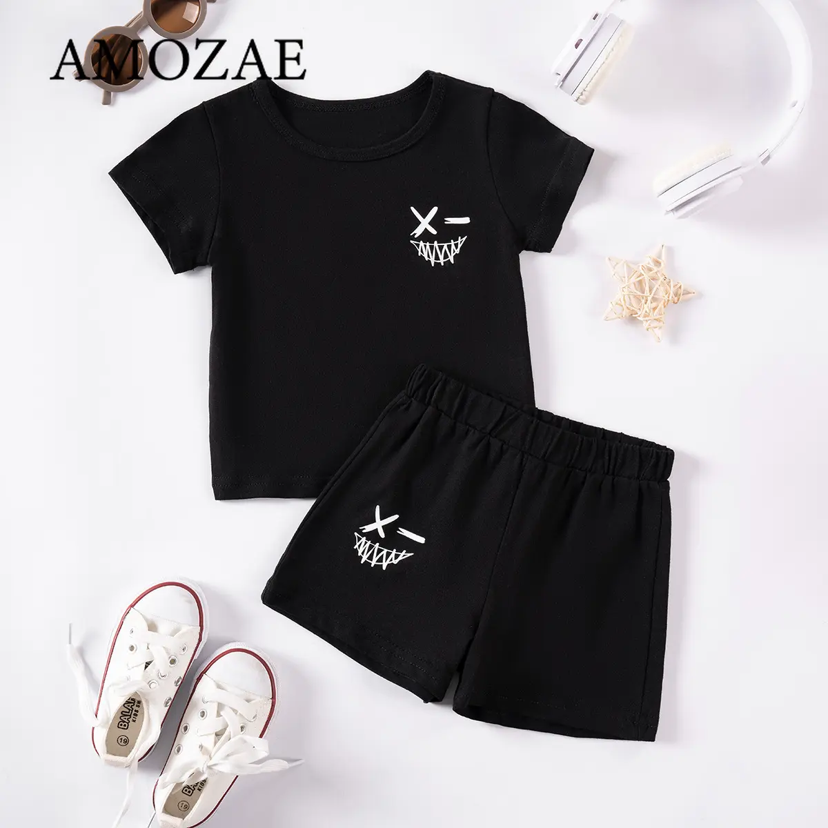 Summer Toddler Outfit 0-6Y 2 Piece Set Boys Girls Cartoon Smiley Print Short Sleeve Tshirt Cotton Shorts Casual Wear Suit