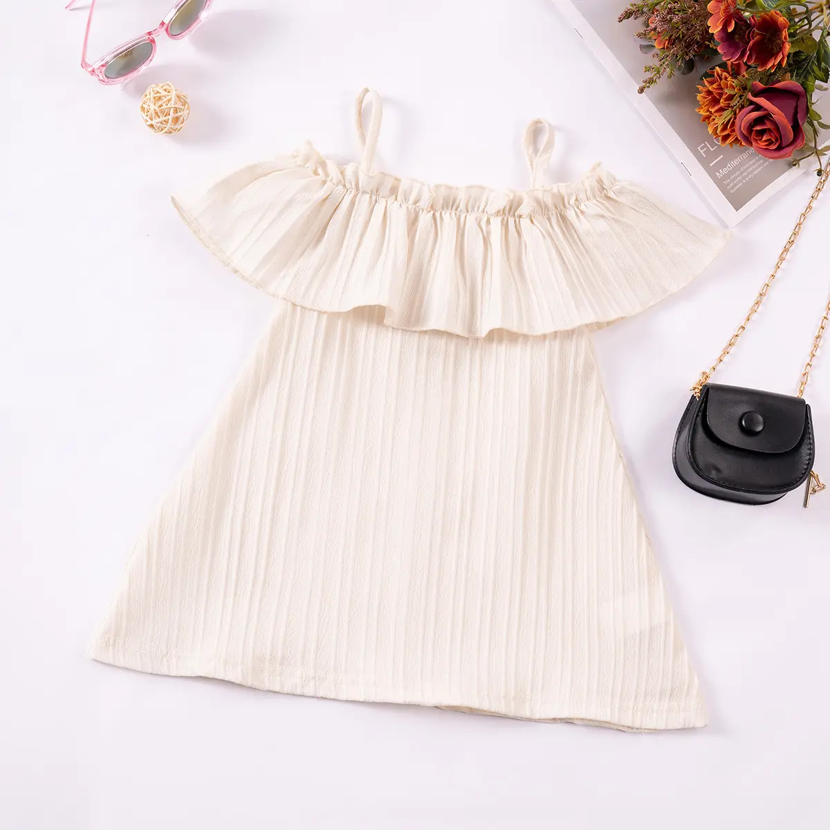2025 Summer Girls Dress Suspender Skirt Halter Ruffle Edge Solid Color Vest Skirt Baby Girls Boat Neck A-line Princess Dress