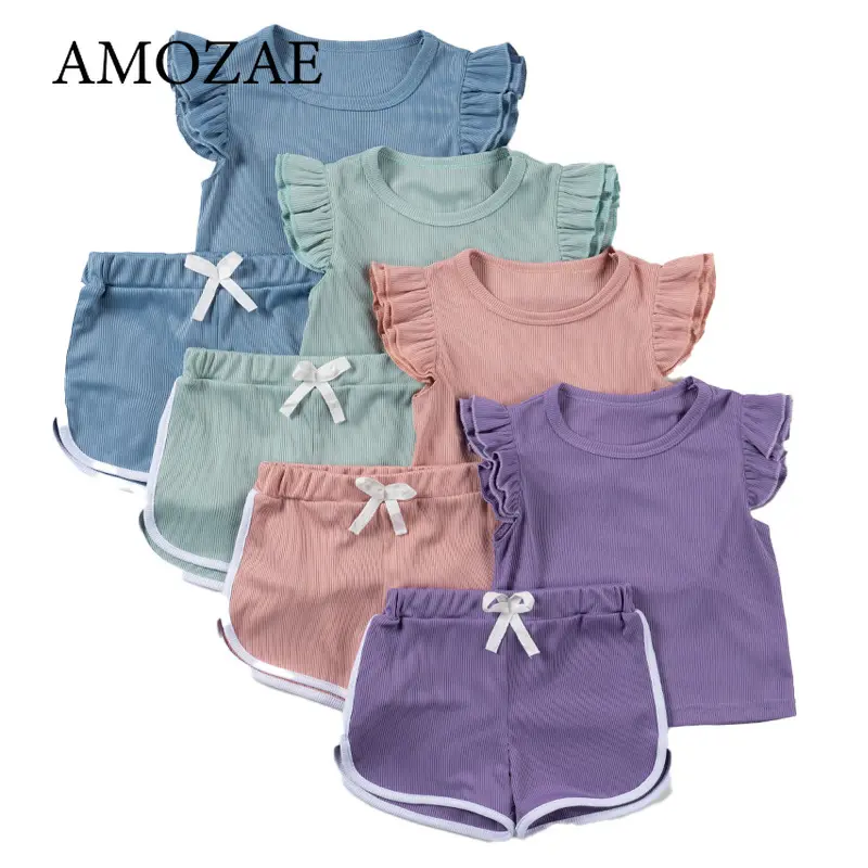Baby Girls Summer 2pcs Set Casual Sleeveless Tops and Shorts Kids Fashion Outfits Ruffle Costume Cute Fly Sleeve Tshirt