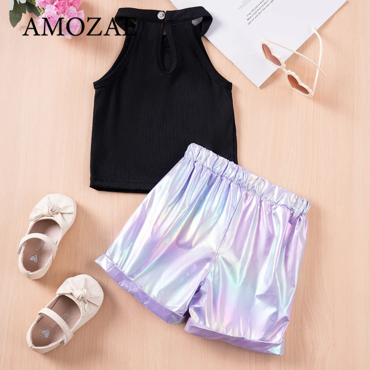Summer Fashion Girls Sleeveless Solid Set Toddler Girls Camisole Top + Shining Shorts 2PCS Kids Off Shoulder Beach Clothing