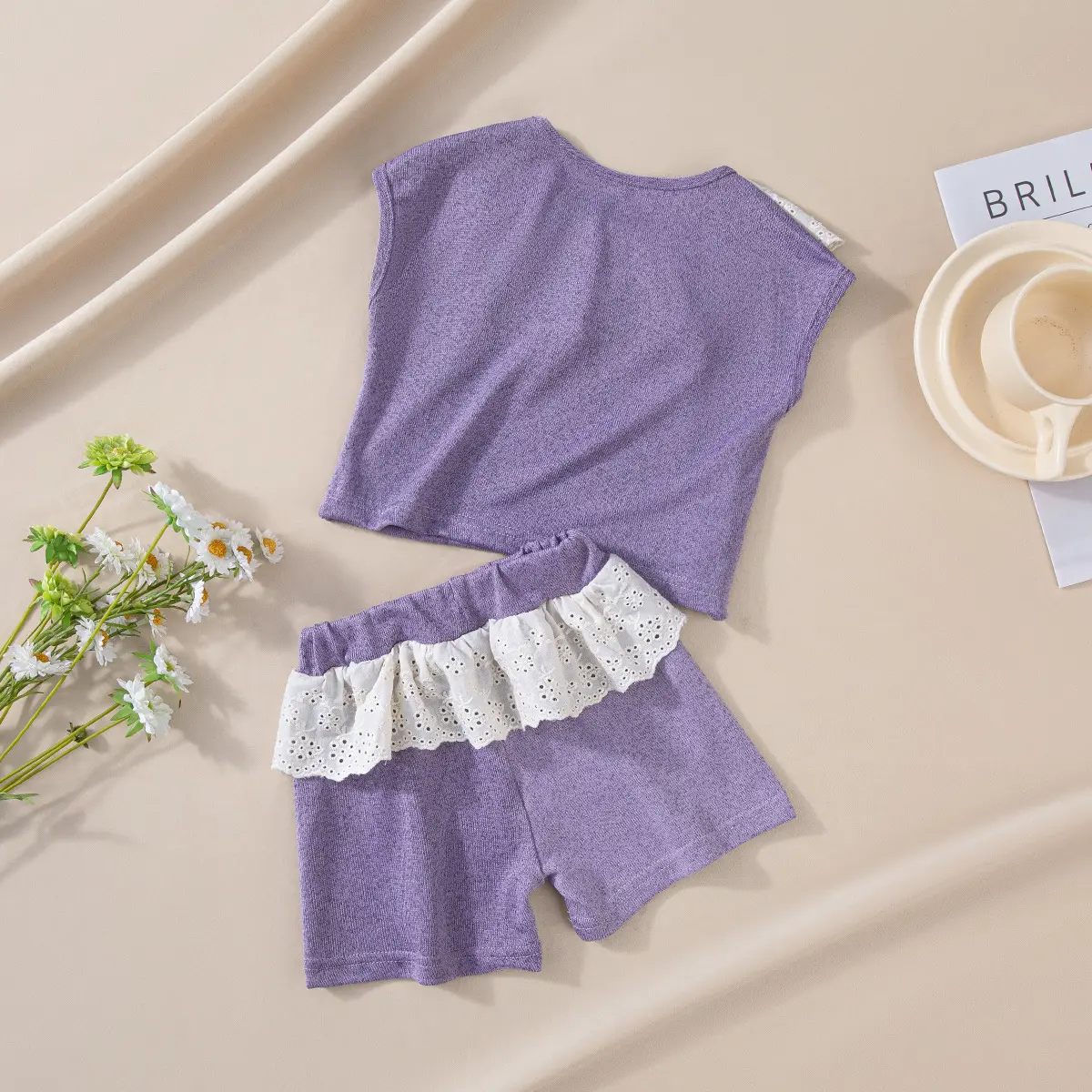 Summer Toddler Clothes 2PC Set Girls Sleeveless Vest with Lace Collar Shorts Solid Color Breathable Comfortable Casual Suit