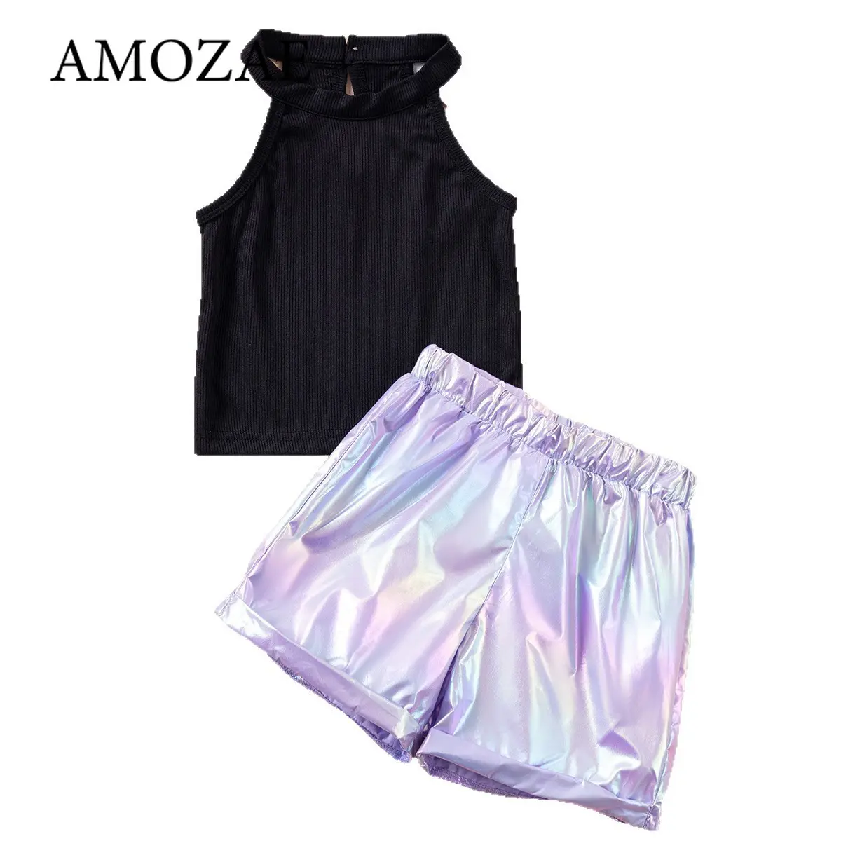 Summer Fashion Girls Sleeveless Solid Set Toddler Girls Camisole Top + Shining Shorts 2PCS Kids Off Shoulder Beach Clothing