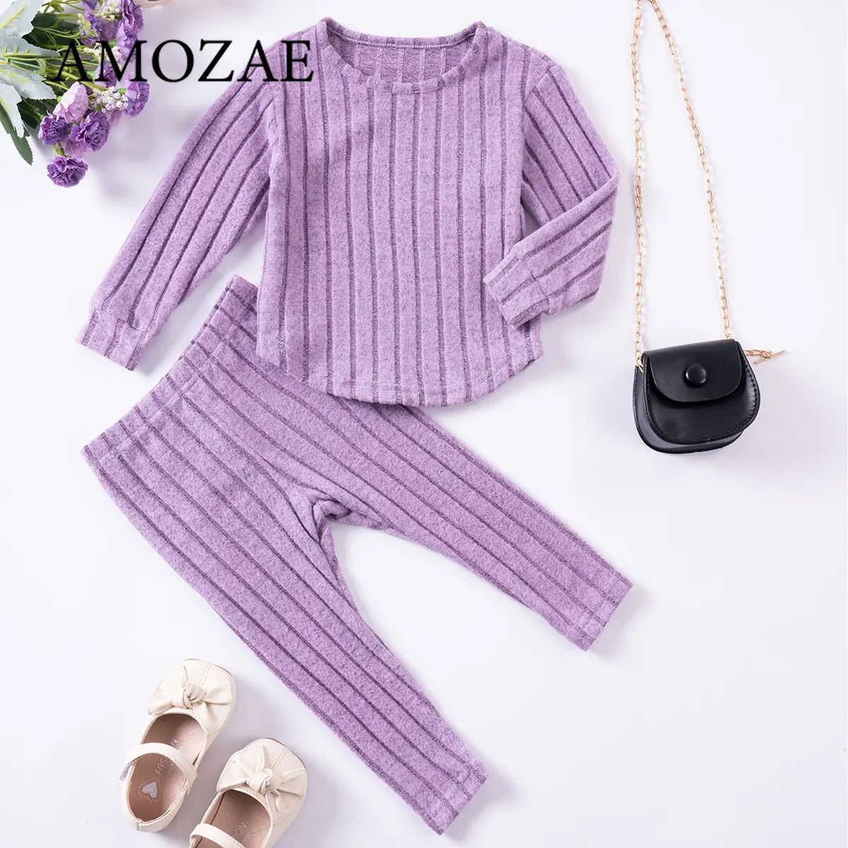 Spring Autumn Toddler Baby Girls 2-Piece Set Round Neck Long Sleeve Top and Solid Color Pants Soft Knit Casual Daily Outfit