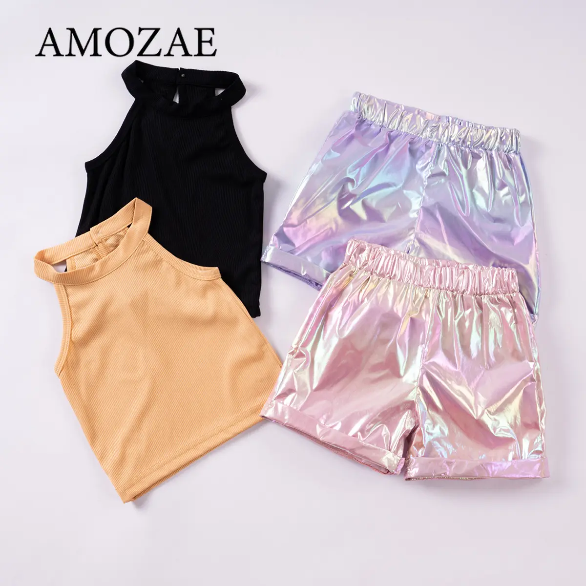 Summer Fashion Girls Sleeveless Solid Set Toddler Girls Camisole Top + Shining Shorts 2PCS Kids Off Shoulder Beach Clothing