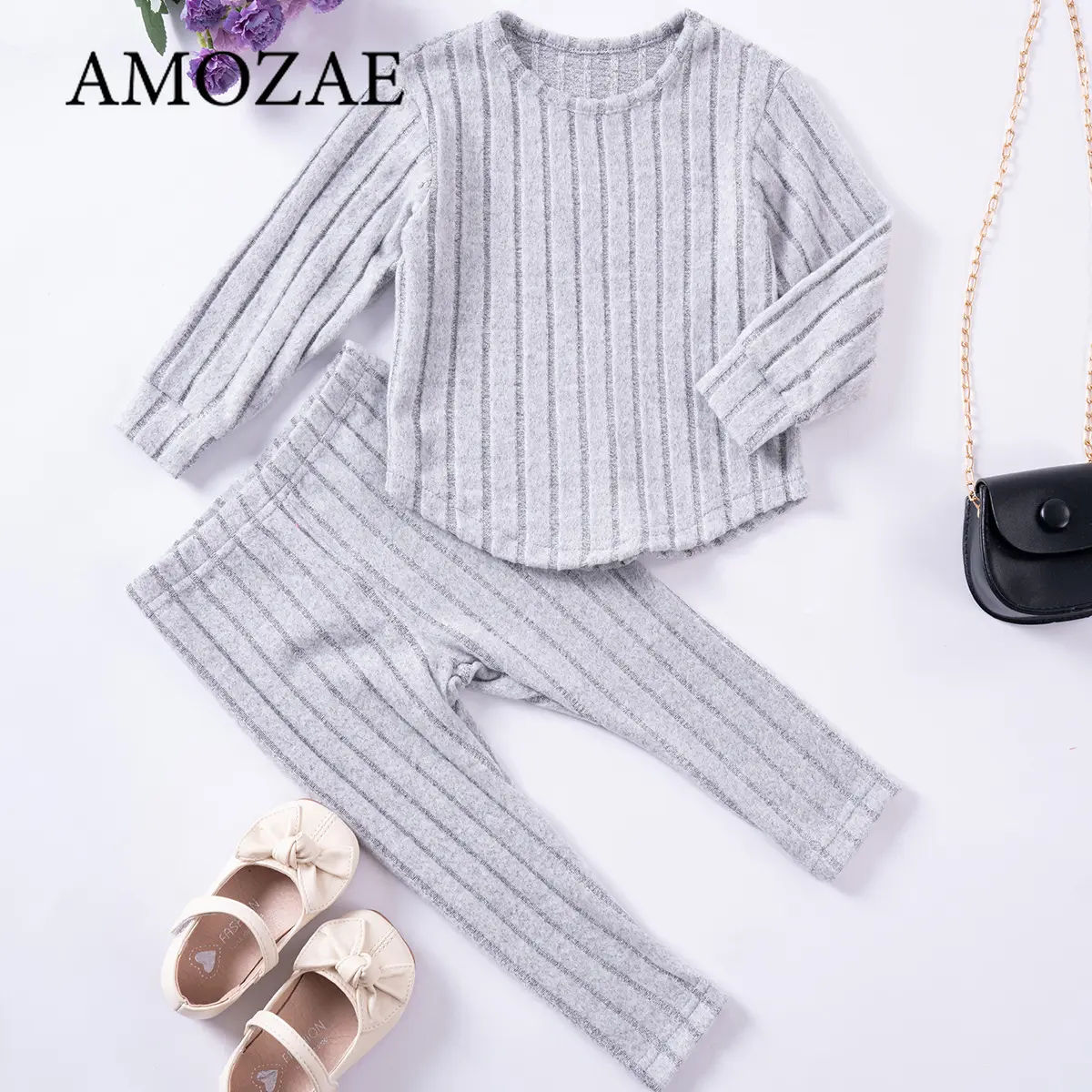 Spring Autumn Toddler Baby Girls 2-Piece Set Round Neck Long Sleeve Top and Solid Color Pants Soft Knit Casual Daily Outfit