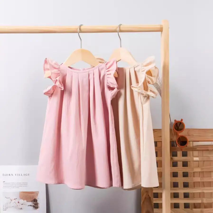 2025 Summer Baby Girl Dress Solid Color Ruffled Edge Sweet Cute A-line Lotus Leaf Sleeves for Casual or Party Princess Wear