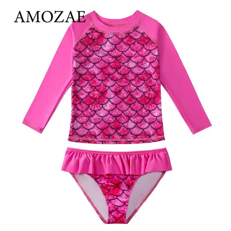 2Pcs Children's Mermaid Split Bathing Suit Baby Girl Fish Scale 3D Printing Sunblock Swimsuit Kids Long Sleeves Top+Bikini