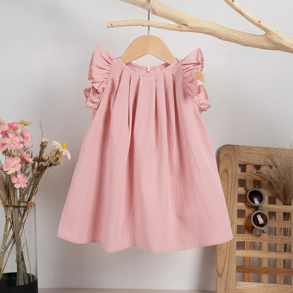 2025 Summer Baby Girl Dress Solid Color Ruffled Edge Sweet Cute A-line Lotus Leaf Sleeves for Casual or Party Princess Wear