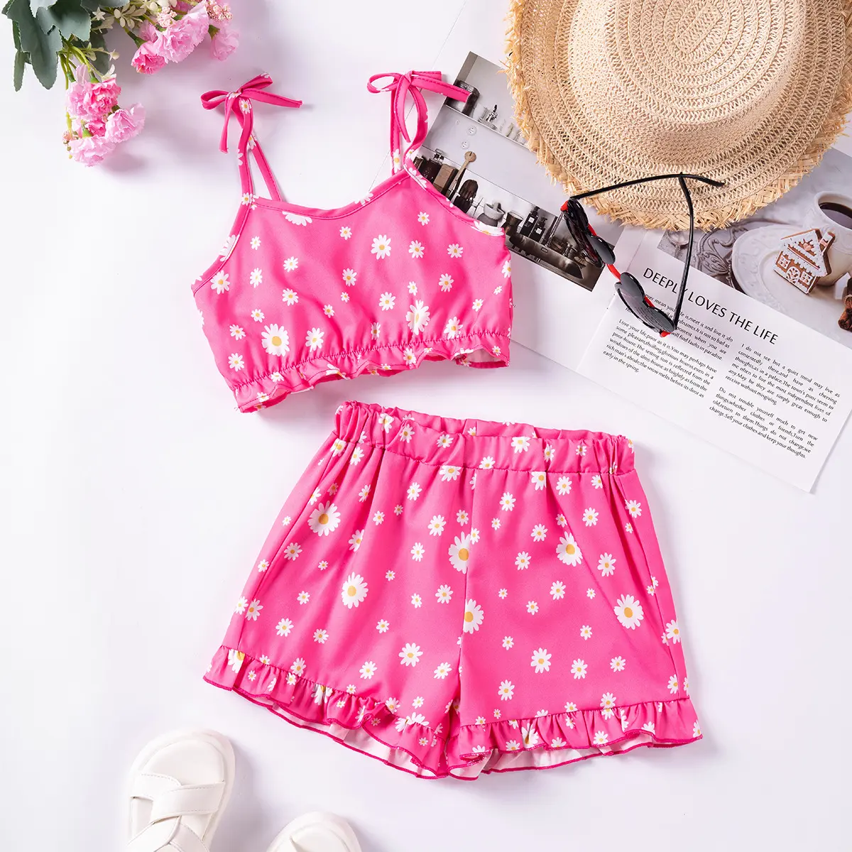 Baby Girls 0-7Y Summer 2Pcs Set Suspenders Ruffles Sleeveless Bow Top Daisy Ice Cream Print Breathable Casual Vacation Outfit