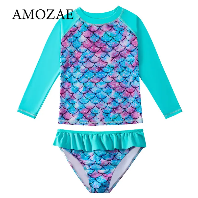 2Pcs Children's Mermaid Split Bathing Suit Baby Girl Fish Scale 3D Printing Sunblock Swimsuit Kids Long Sleeves Top+Bikini