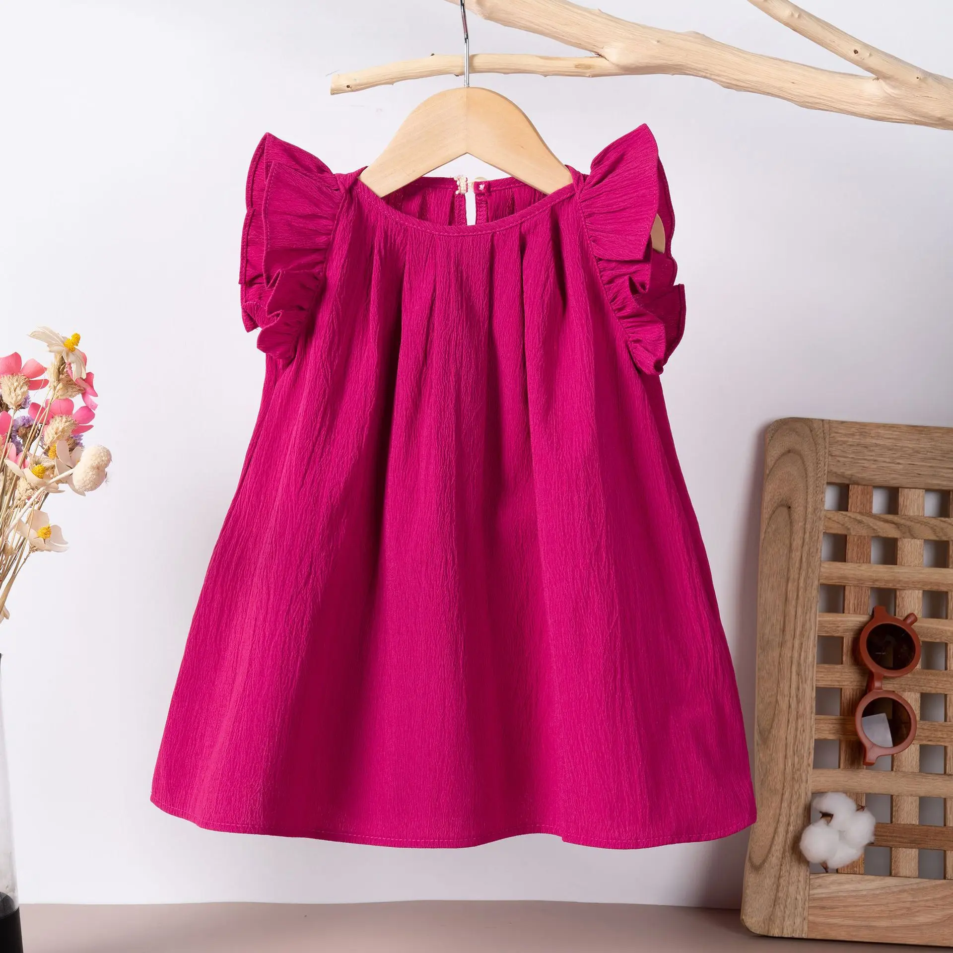 2025 Summer Baby Girl Dress Solid Color Ruffled Edge Sweet Cute A-line Lotus Leaf Sleeves for Casual or Party Princess Wear