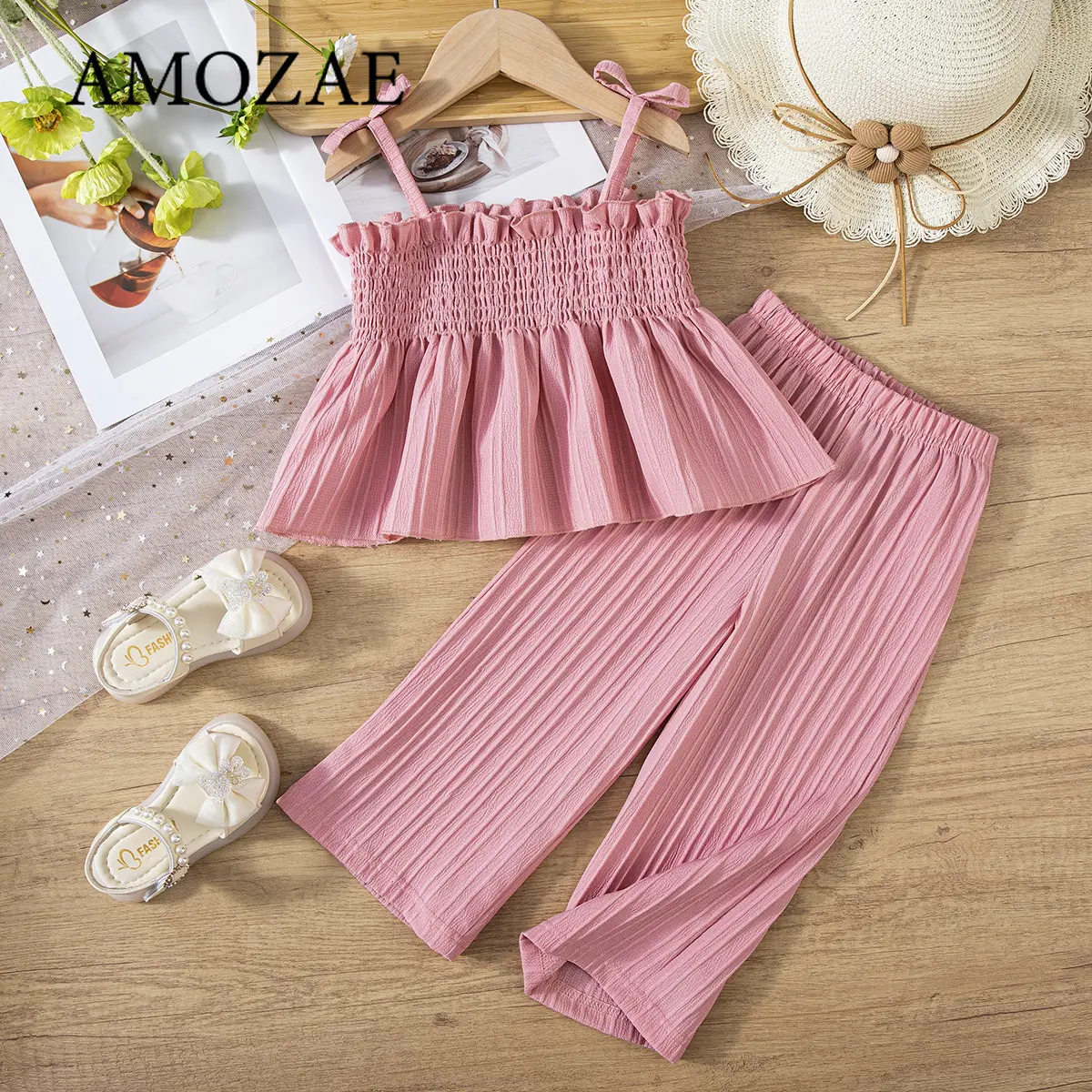 2025 Girls Halter Set Summer Wear Ruffled Halter + Wide Leg Pants 2pcs Pure Color Elegant Leisure Suit 0-5Y