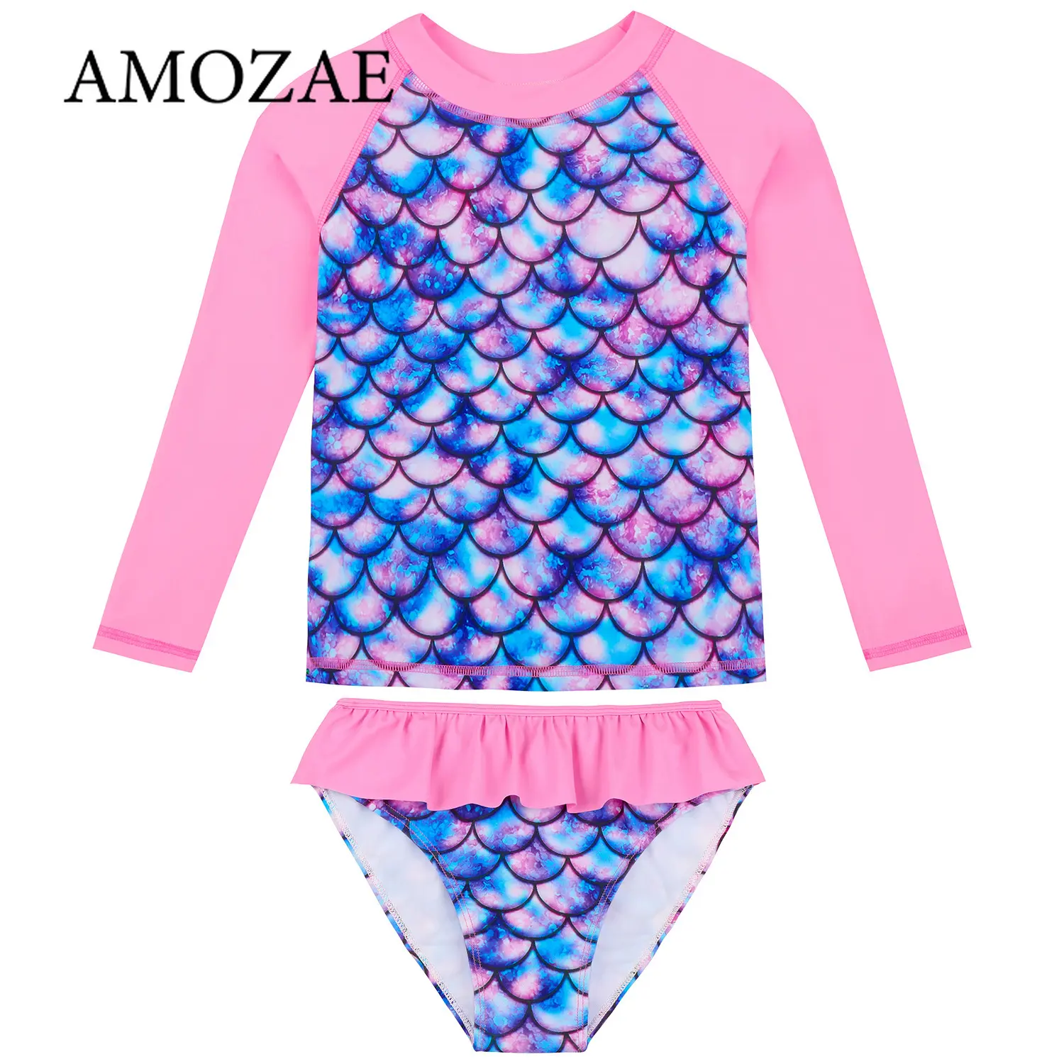 2Pcs Children's Mermaid Split Bathing Suit Baby Girl Fish Scale 3D Printing Sunblock Swimsuit Kids Long Sleeves Top+Bikini