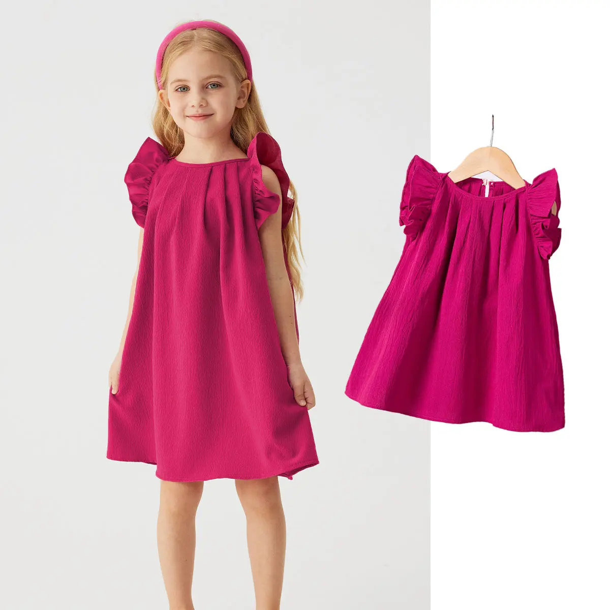 2025 Summer Baby Girl Dress Solid Color Ruffled Edge Sweet Cute A-line Lotus Leaf Sleeves for Casual or Party Princess Wear