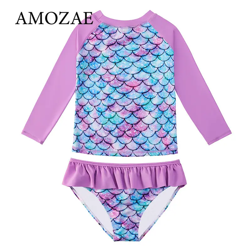 2Pcs Children's Mermaid Split Bathing Suit Baby Girl Fish Scale 3D Printing Sunblock Swimsuit Kids Long Sleeves Top+Bikini