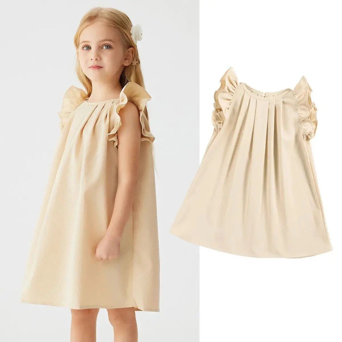 2025 Summer Baby Girl Dress Solid Color Ruffled Edge Sweet Cute A-line Lotus Leaf Sleeves for Casual or Party Princess Wear