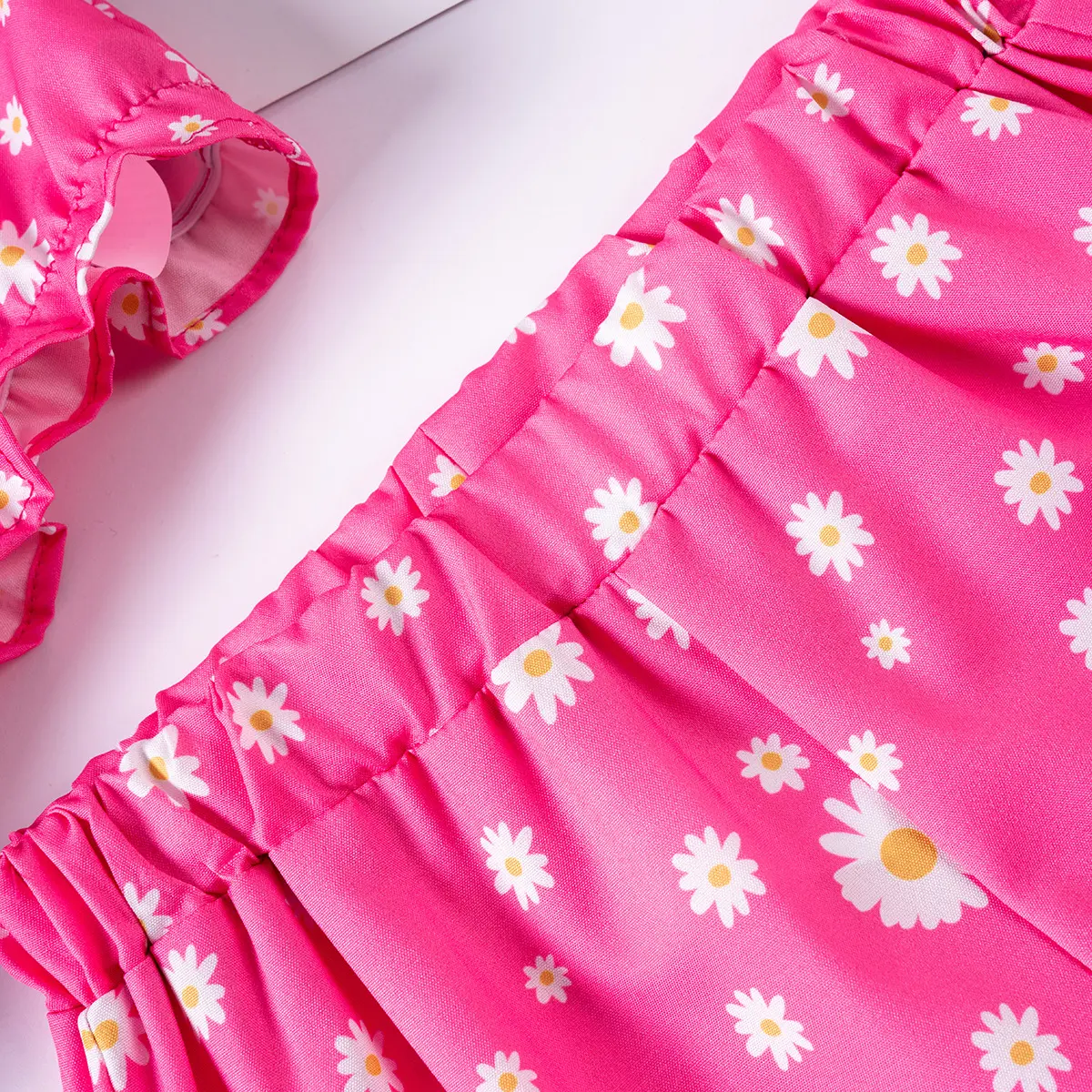 Baby Girls 0-7Y Summer 2Pcs Set Suspenders Ruffles Sleeveless Bow Top Daisy Ice Cream Print Breathable Casual Vacation Outfit