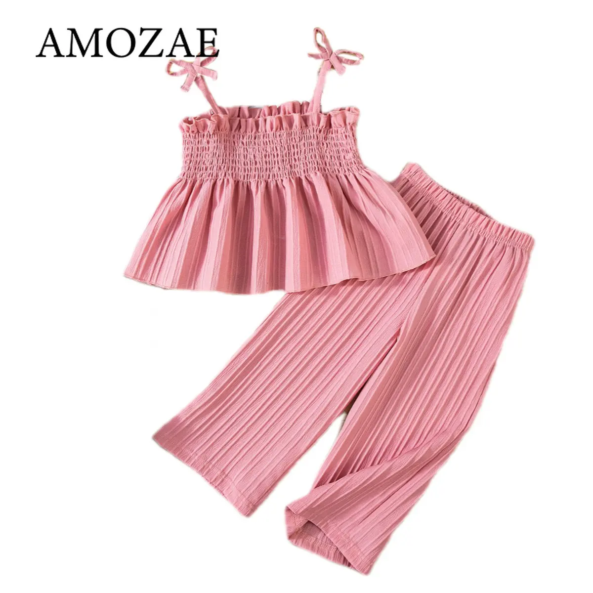 2025 Girls Halter Set Summer Wear Ruffled Halter + Wide Leg Pants 2pcs Pure Color Elegant Leisure Suit 0-5Y