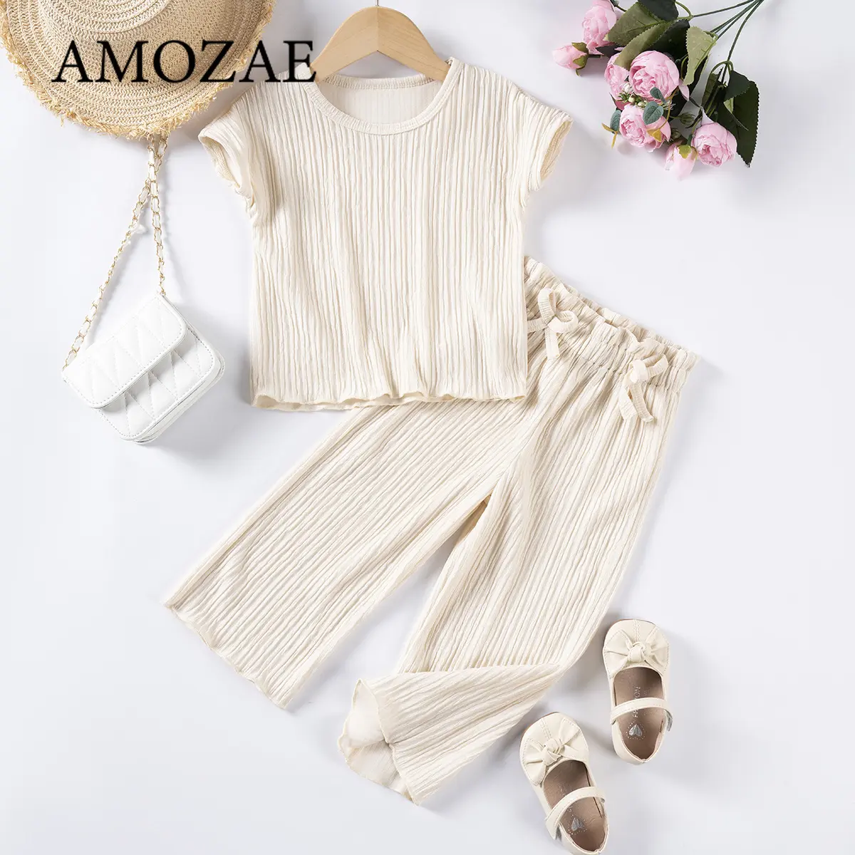 Baby Girls Summer Outfits Solid Color Loose Crew Neck Short Sleeve Tops and Casual Pants 2Pcs Suits 0-5Y Wide Leg Stripe Sets
