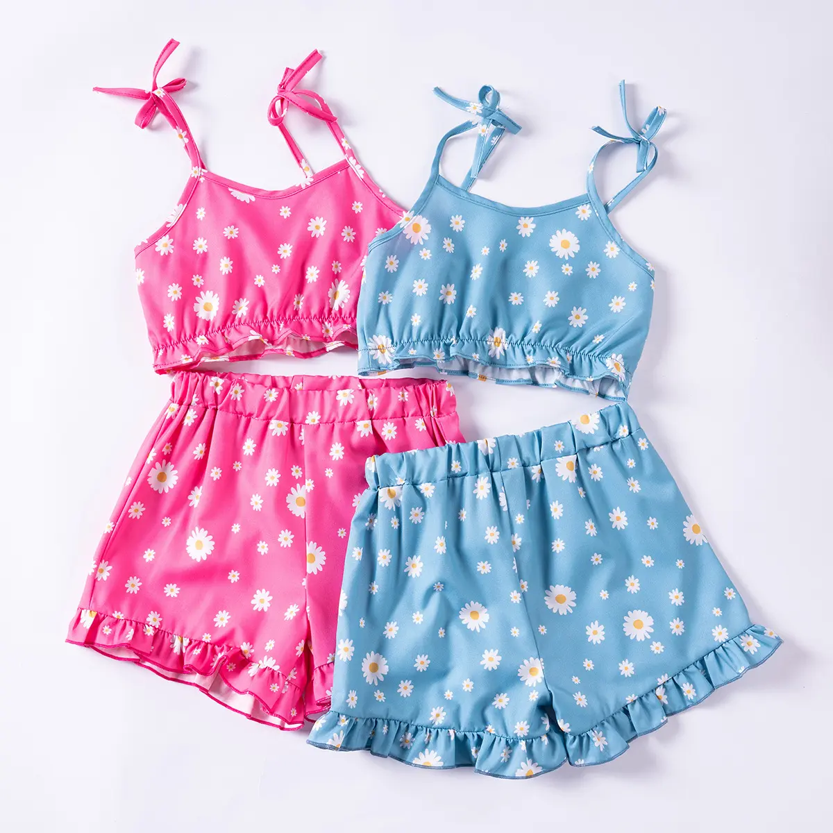 Baby Girls 0-7Y Summer 2Pcs Set Suspenders Ruffles Sleeveless Bow Top Daisy Ice Cream Print Breathable Casual Vacation Outfit