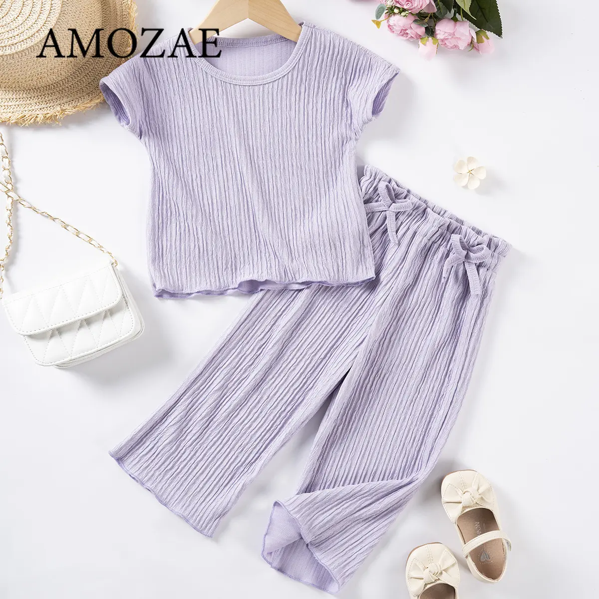 Baby Girls Summer Outfits Solid Color Loose Crew Neck Short Sleeve Tops and Casual Pants 2Pcs Suits 0-5Y Wide Leg Stripe Sets