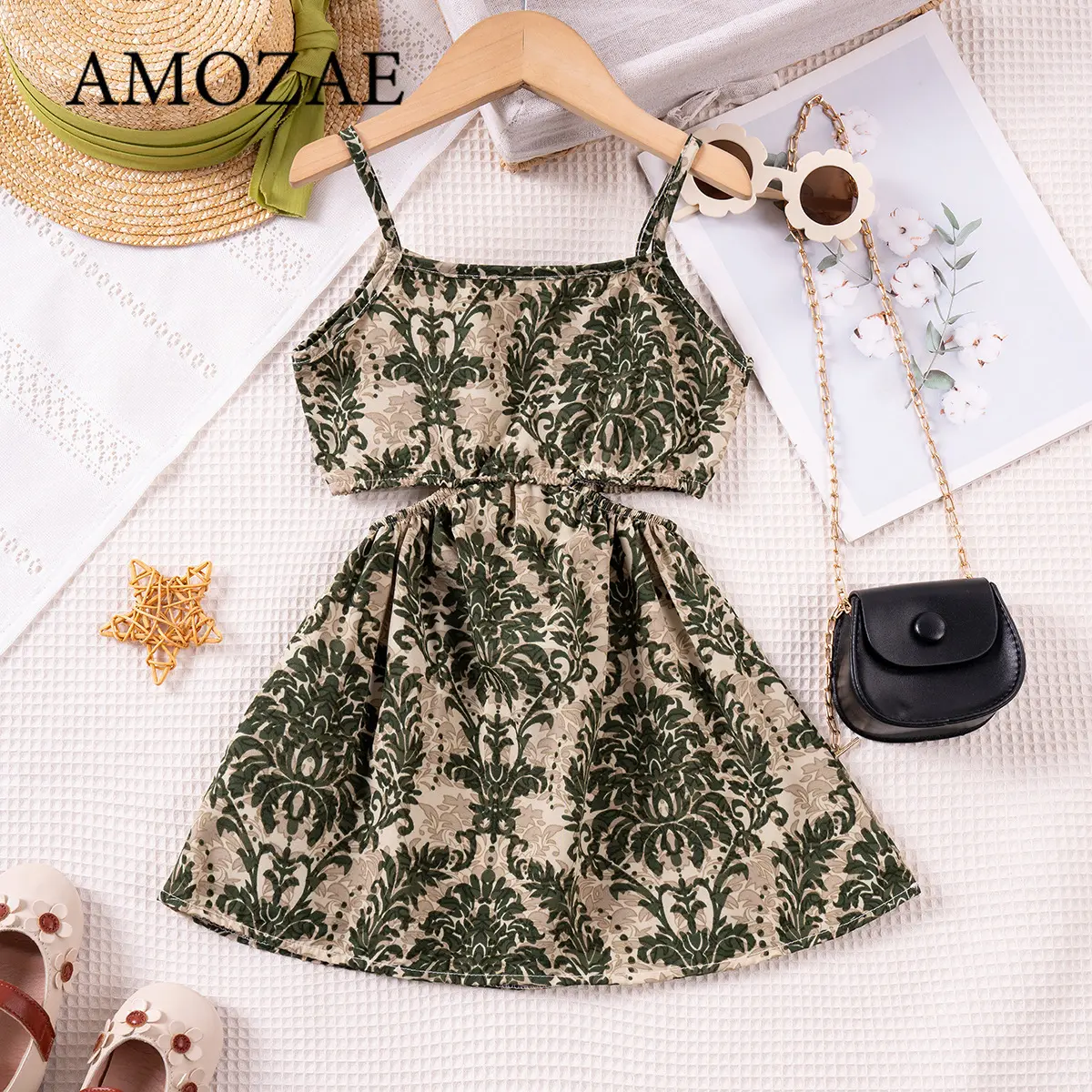 Summer Girls Dress Cute Casual Sleeveless Graffiti or Floral Print Pink Suspender Dress for Outdoor Vacation