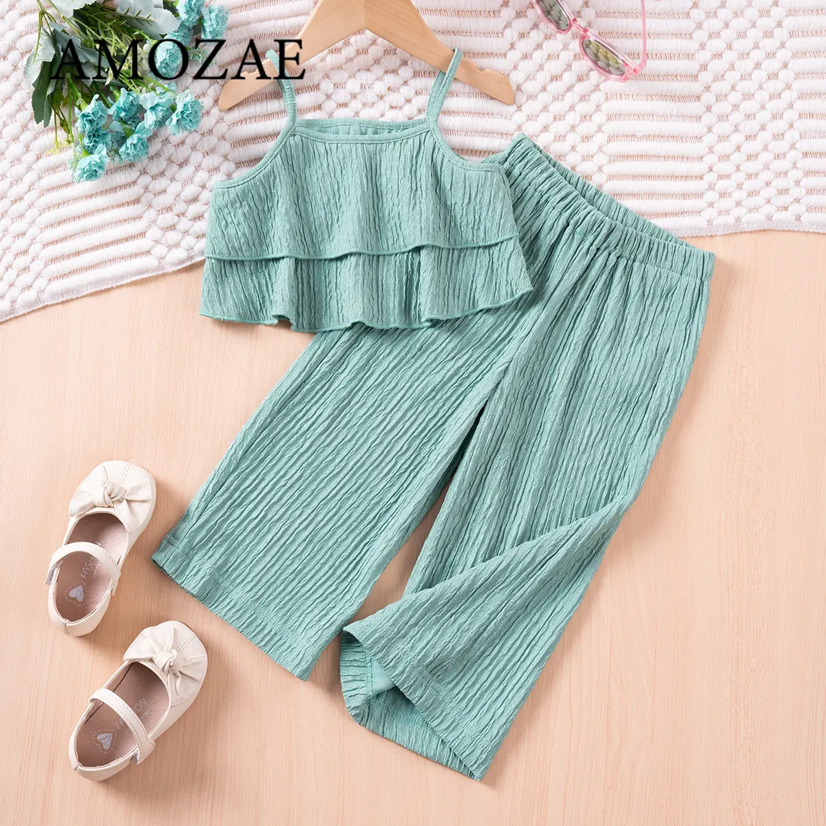 Summer Girls 2Piece Set Solid Color Halter Top Wide Leg Pants or Suspenders Outfit Comfy Wave Striped Party Wear 1-6T Sweet Gift