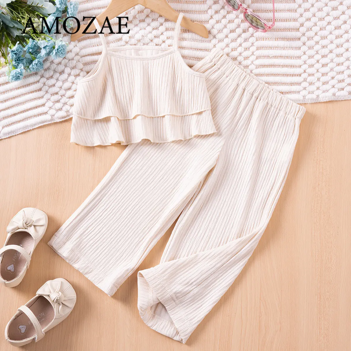 Summer Girls 2Piece Set Solid Color Halter Top Wide Leg Pants or Suspenders Outfit Comfy Wave Striped Party Wear 1-6T Sweet Gift
