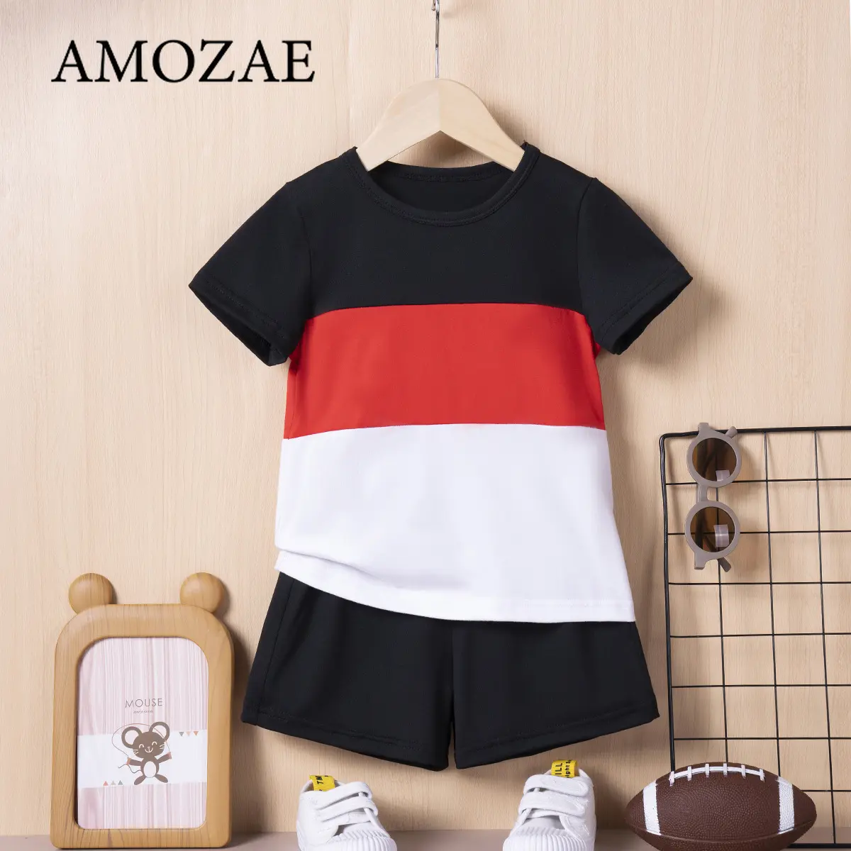 Summer Boys Casual Suit Set Striped T-Shirt + Solid Shorts 2Pcs Breathable Cool Kids Sportswear Round Neck Short Sleeve Outfit