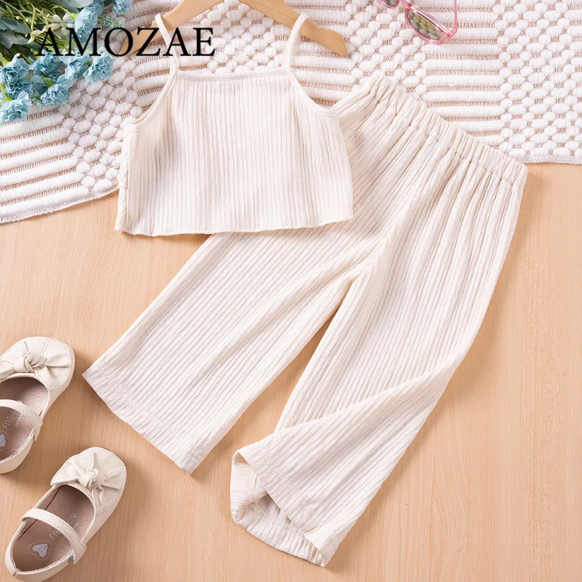 Summer Girls 2Piece Set Solid Color Halter Top Wide Leg Pants or Suspenders Outfit Comfy Wave Striped Party Wear 1-6T Sweet Gift