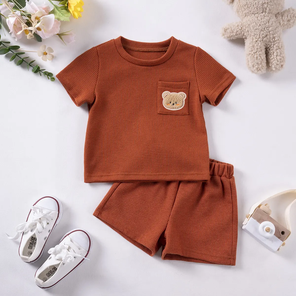 Summer Kids 2PC Set Toddler Boys Girls Bear Embroidery Short Sleeve Top Breathable Shorts Soft Comfortable Casual Outfit Clothes