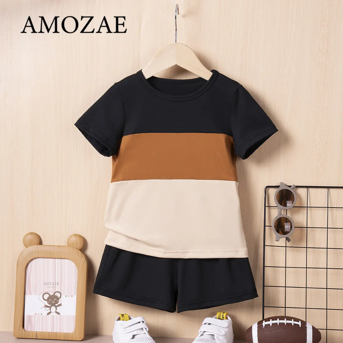 Summer Boys Casual Suit Set Striped T-Shirt + Solid Shorts 2Pcs Breathable Cool Kids Sportswear Round Neck Short Sleeve Outfit