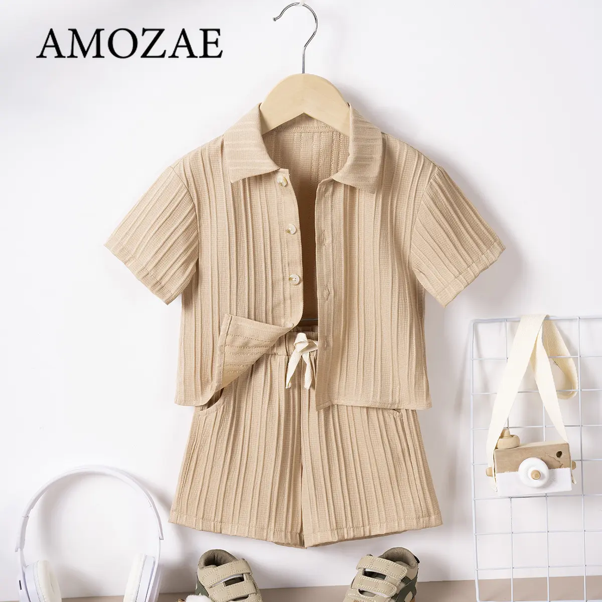 Summer Boys Girls Casual Short Sleeve Lapel Shirt and Shorts 2Piece Set with Pockets Childrens Play Outfit Comfortable Kids Wear