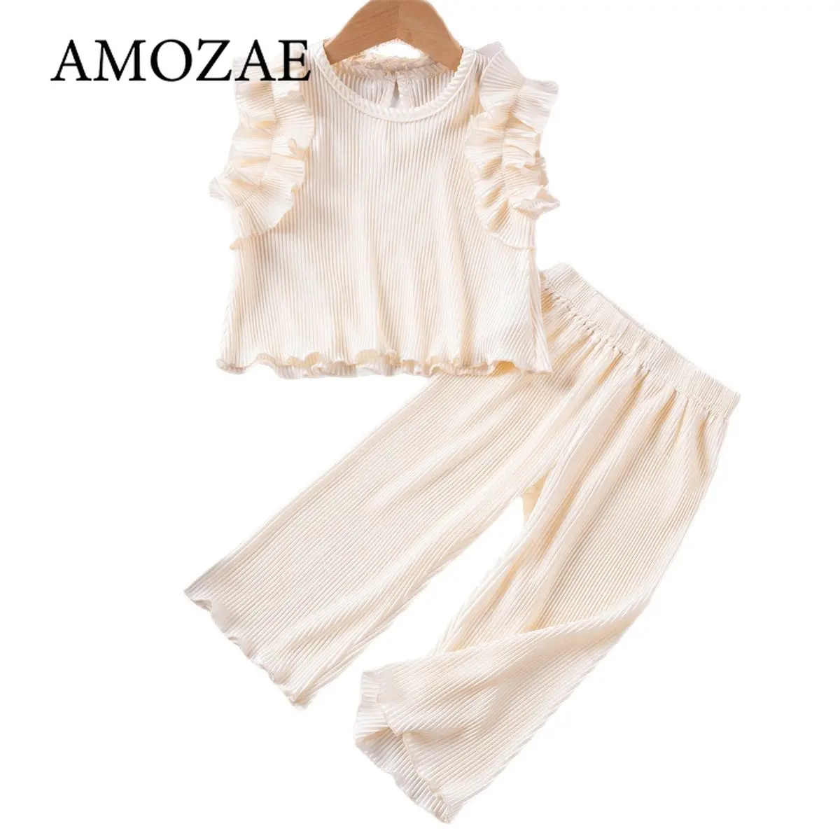 Girls Summer Suit Solid Color Sleeveless Top Trousers Elastic Waist Soft 1-7Y Baby Ruffled Ribbed 2PCS Set Kids Outfits Clothes