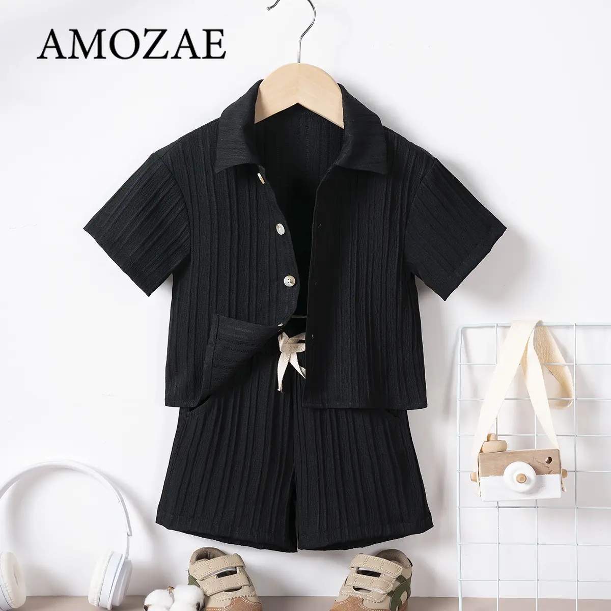 Summer Boys Girls Casual Short Sleeve Lapel Shirt and Shorts 2Piece Set with Pockets Childrens Play Outfit Comfortable Kids Wear