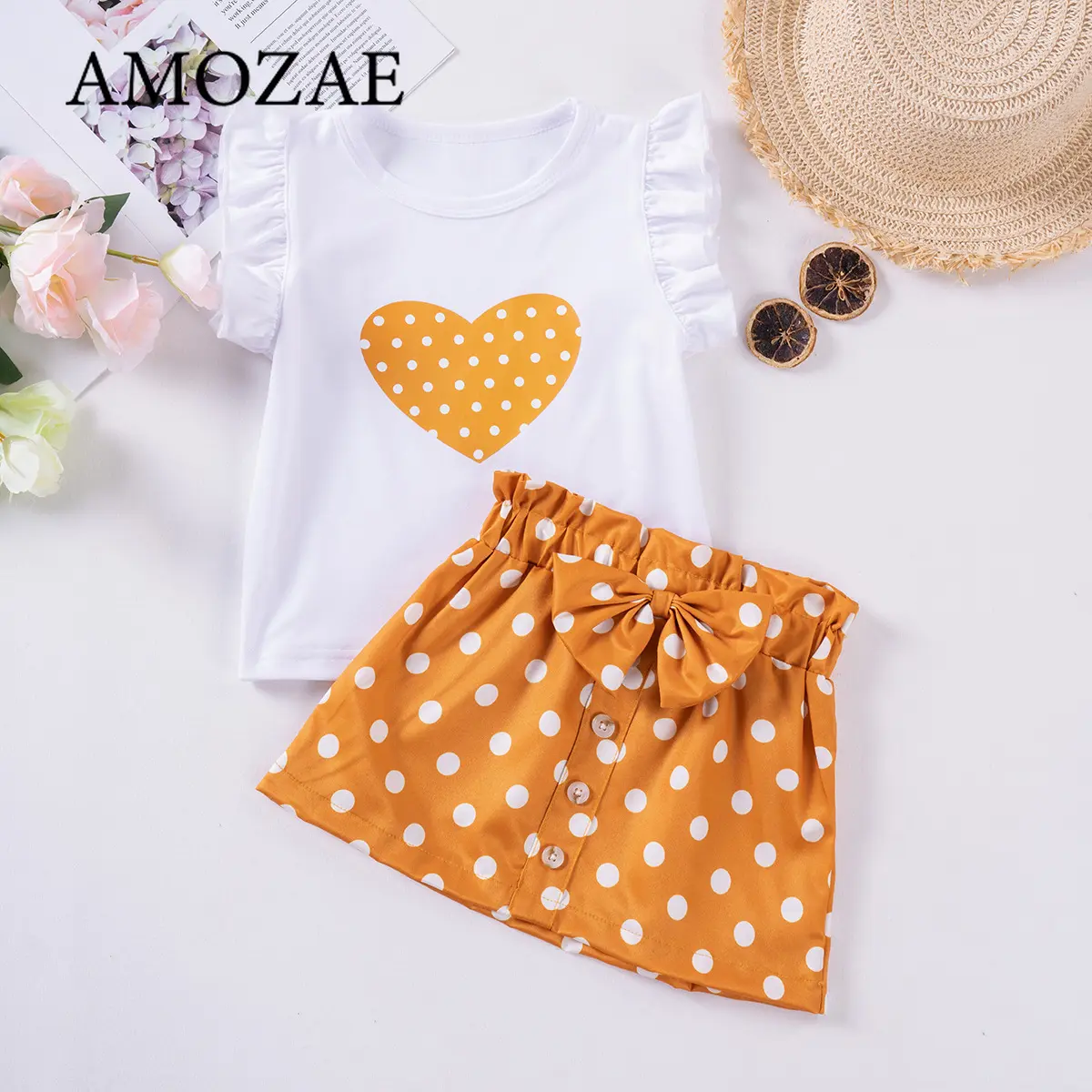 Toddler Girl Summer Outfit 2PC Set Cute Printed Top with Polka Dot Bow Skirt Fly Sleeve or Ruffle Sleeve Styles