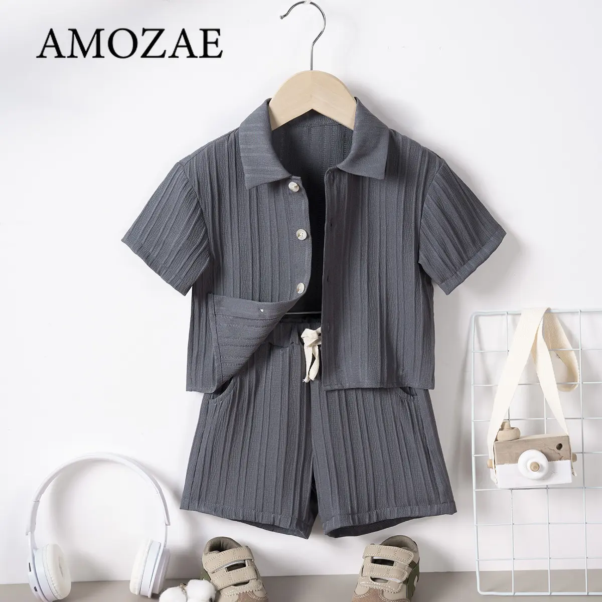 Summer Boys Girls Casual Short Sleeve Lapel Shirt and Shorts 2Piece Set with Pockets Childrens Play Outfit Comfortable Kids Wear