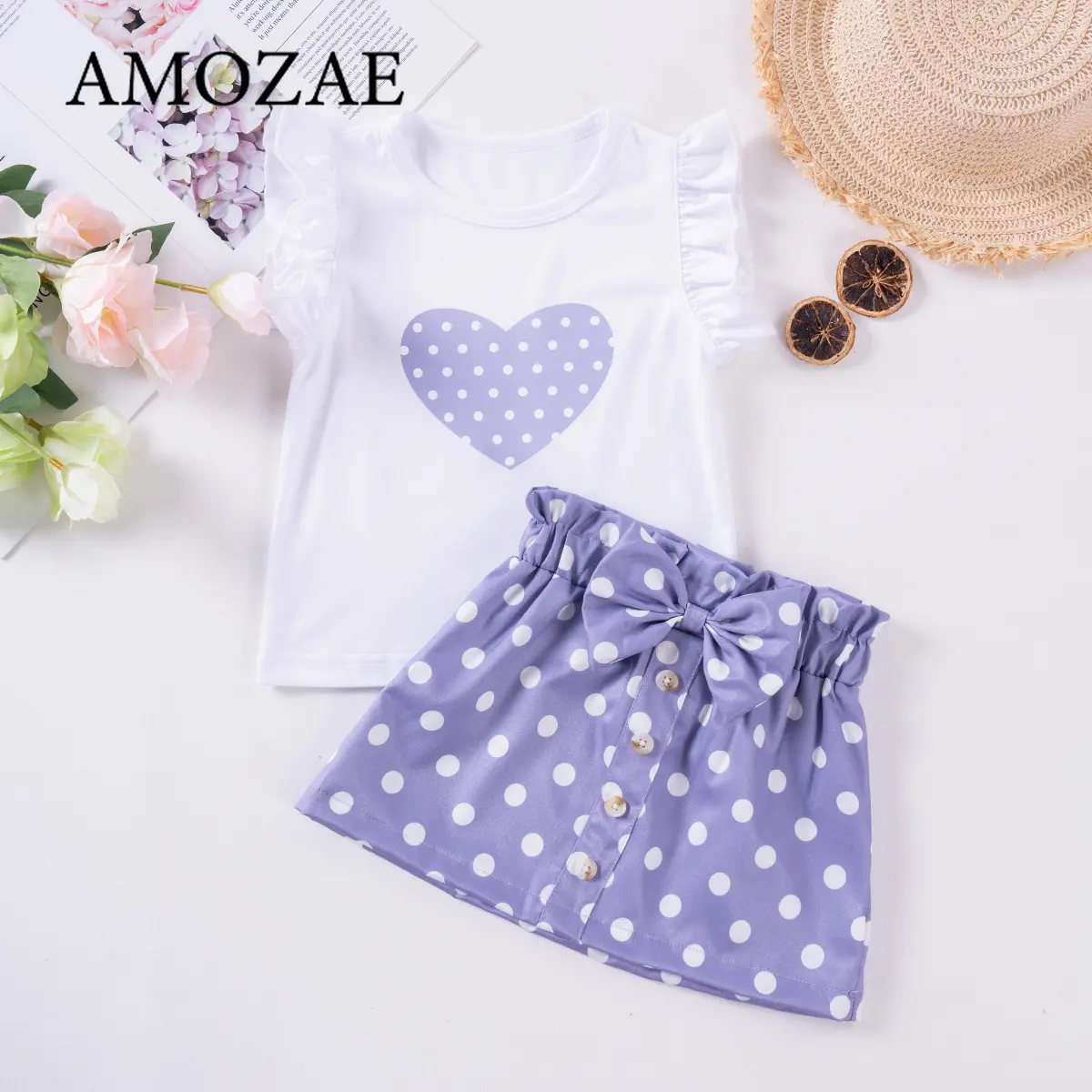 Toddler Girl Summer Outfit 2PC Set Cute Printed Top with Polka Dot Bow Skirt Fly Sleeve or Ruffle Sleeve Styles