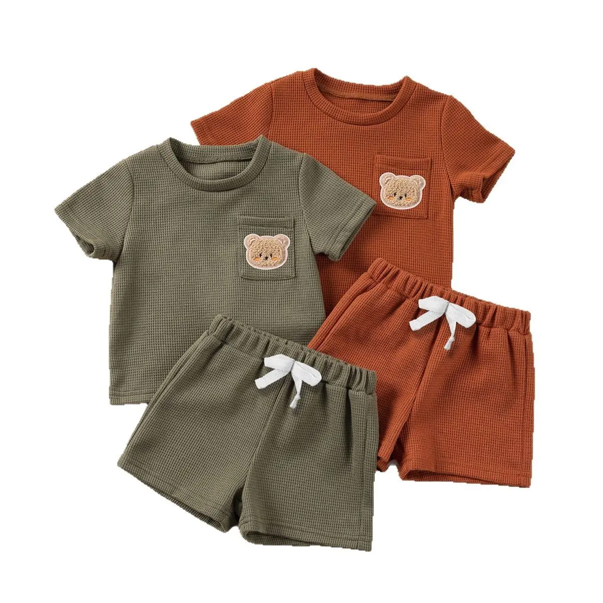 Summer Kids 2PC Set Toddler Boys Girls Bear Embroidery Short Sleeve Top Breathable Shorts Soft Comfortable Casual Outfit Clothes
